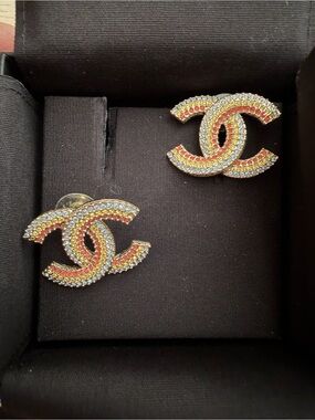 Authentic Large Chanel Gold Double C Crystal Earrings - Red, Yellow, Blue